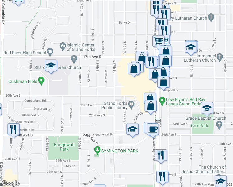 map of restaurants, bars, coffee shops, grocery stores, and more near 1923 South 17th Street in Grand Forks