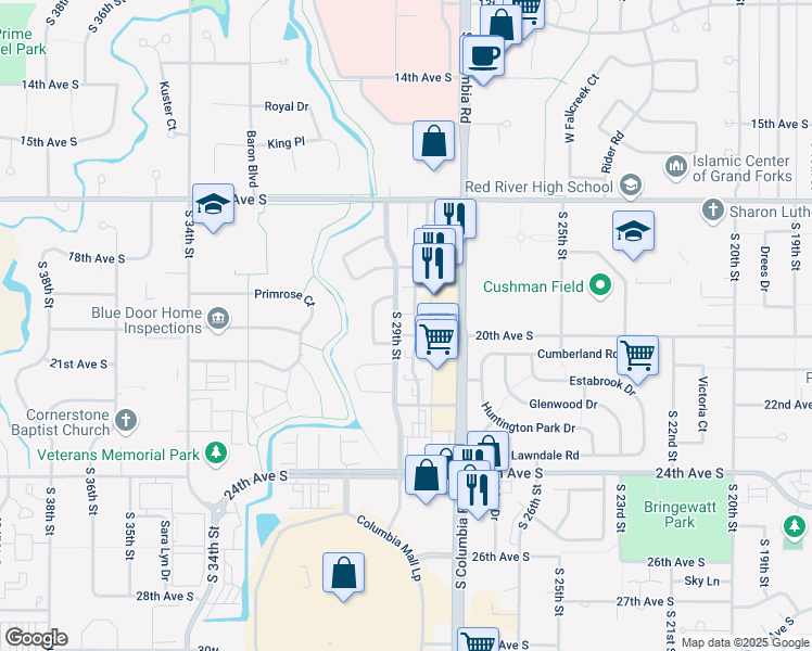 map of restaurants, bars, coffee shops, grocery stores, and more near 1975 South 29th Street in Grand Forks