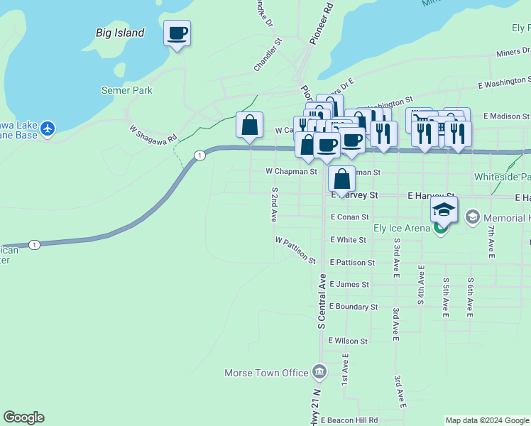 map of restaurants, bars, coffee shops, grocery stores, and more near 330 3rd Avenue West in Ely