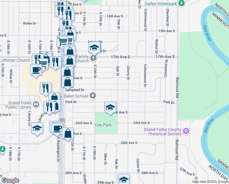 map of restaurants, bars, coffee shops, grocery stores, and more near 805 Campbell Drive in Grand Forks