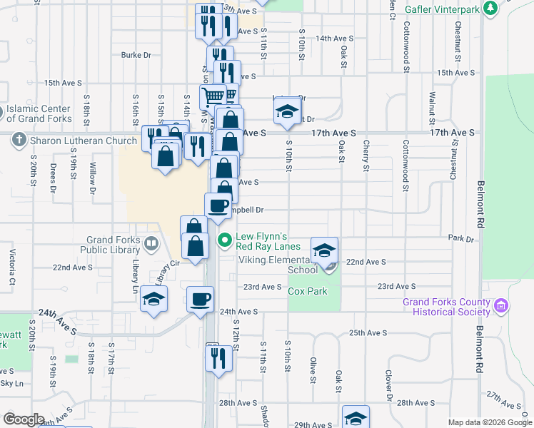 map of restaurants, bars, coffee shops, grocery stores, and more near 1106 Campbell Drive in Grand Forks