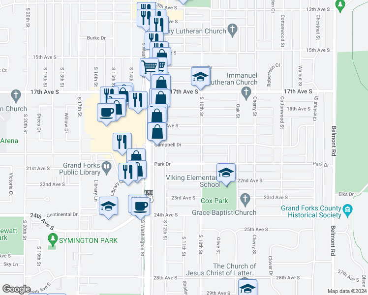 map of restaurants, bars, coffee shops, grocery stores, and more near 1023 Campbell Drive in Grand Forks