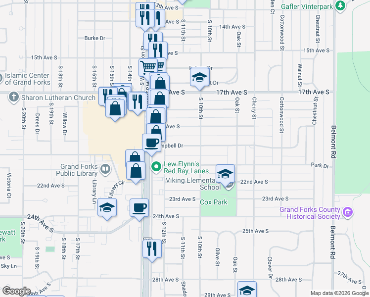 map of restaurants, bars, coffee shops, grocery stores, and more near 1106 Campbell Drive in Grand Forks