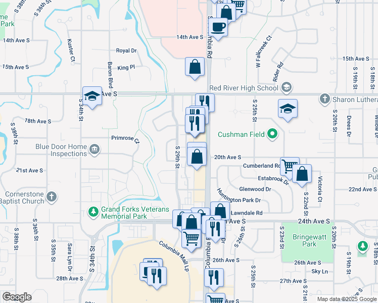 map of restaurants, bars, coffee shops, grocery stores, and more near 2867 19th Avenue South in Grand Forks