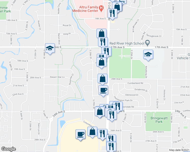 map of restaurants, bars, coffee shops, grocery stores, and more near 1943 Prairie Rose Court in Grand Forks