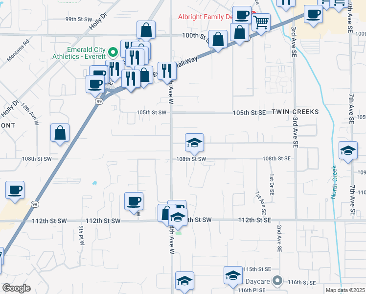 map of restaurants, bars, coffee shops, grocery stores, and more near 310 107th Street Southwest in Everett
