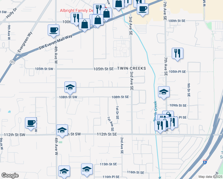 map of restaurants, bars, coffee shops, grocery stores, and more near 127 Jennings Road in Everett