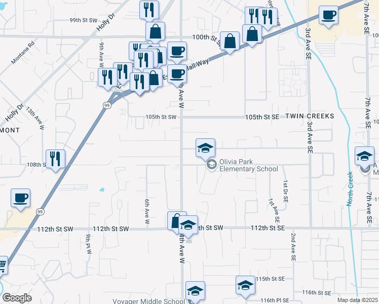 map of restaurants, bars, coffee shops, grocery stores, and more near 310 107th Street Southwest in Everett