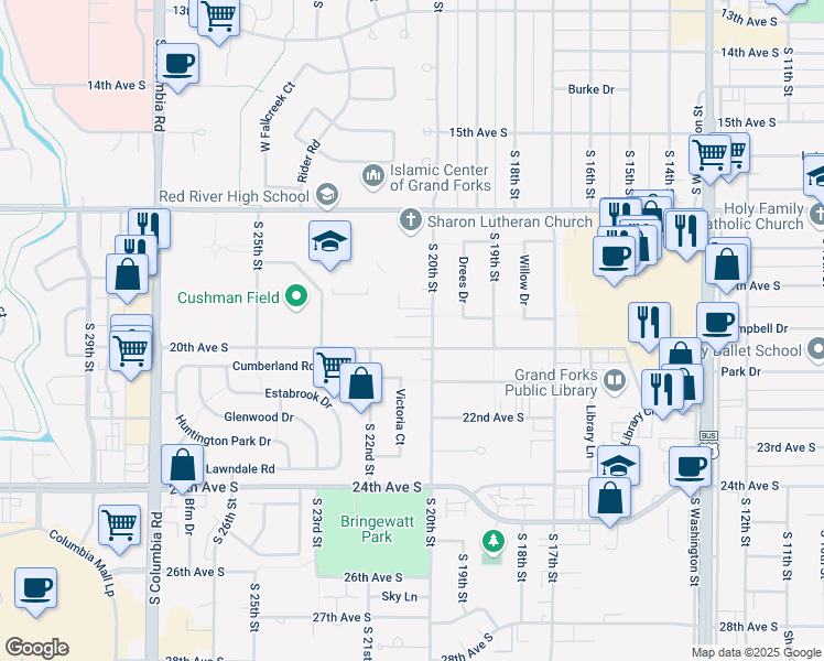 map of restaurants, bars, coffee shops, grocery stores, and more near 1914 South 20th Street in Grand Forks