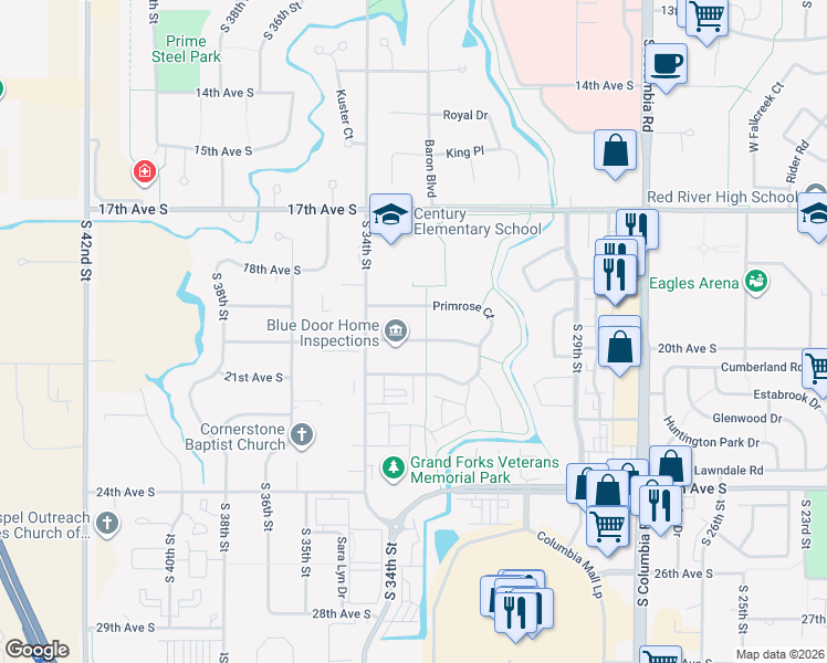 map of restaurants, bars, coffee shops, grocery stores, and more near 3298 Desert Star Lane in Grand Forks