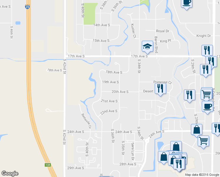 map of restaurants, bars, coffee shops, grocery stores, and more near 3620 20th Avenue South in Grand Forks