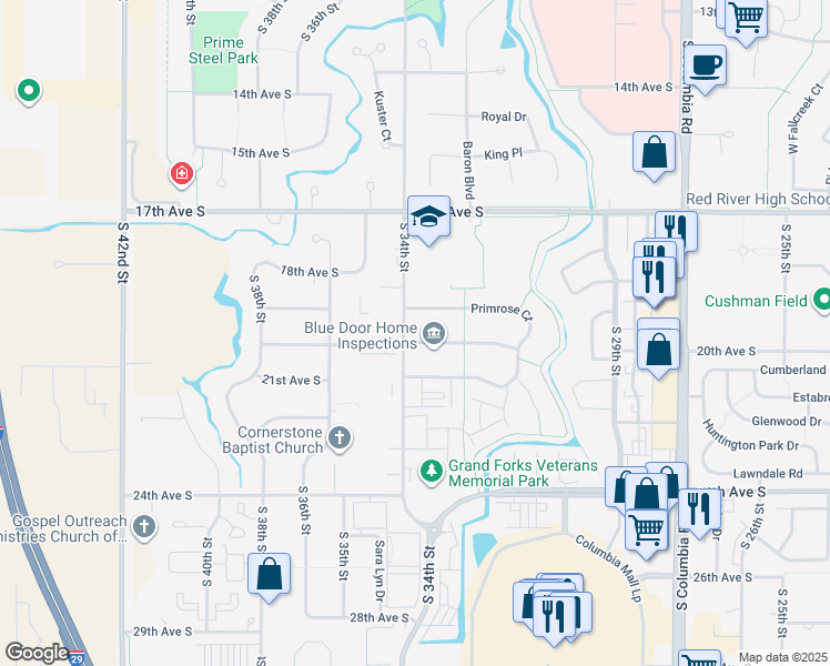 map of restaurants, bars, coffee shops, grocery stores, and more near 3398 Desert Star Lane in Grand Forks