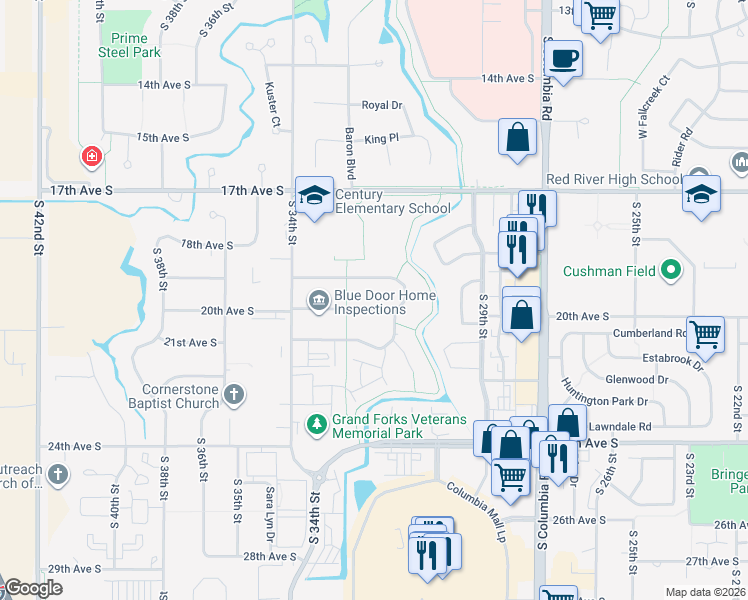 map of restaurants, bars, coffee shops, grocery stores, and more near 3166 Desert Star Lane in Grand Forks