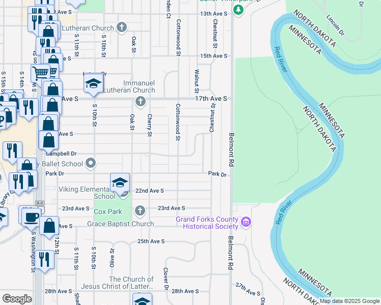 map of restaurants, bars, coffee shops, grocery stores, and more near 502 Campbell Drive in Grand Forks