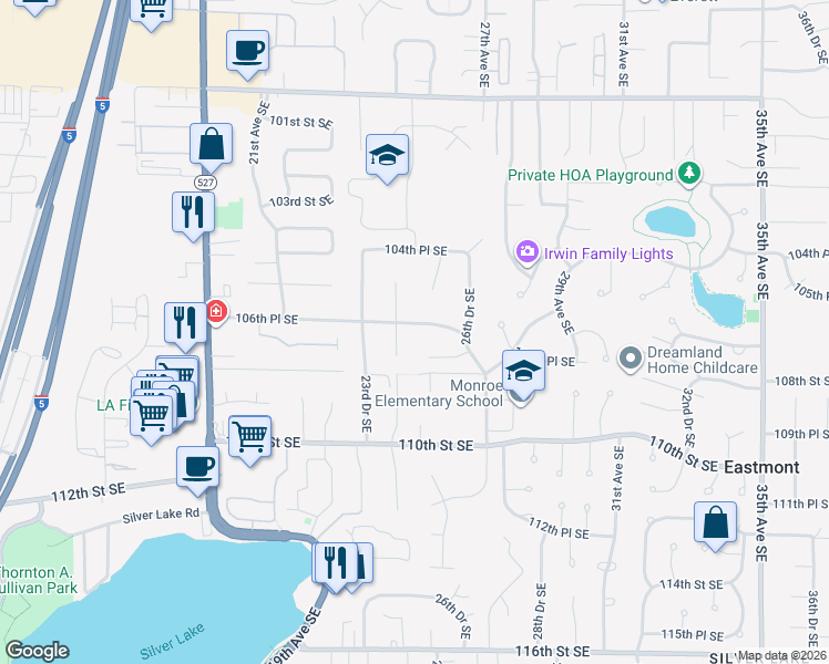 map of restaurants, bars, coffee shops, grocery stores, and more near 2430 106th Place Southeast in Everett