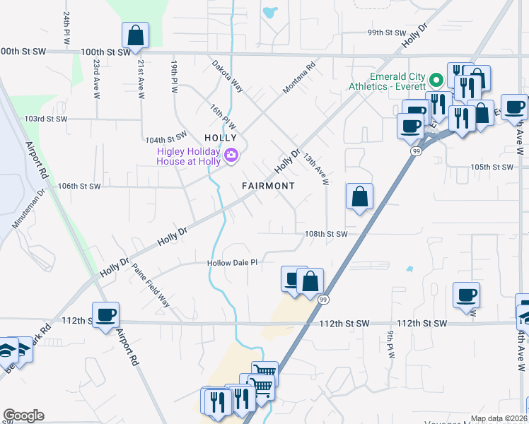 map of restaurants, bars, coffee shops, grocery stores, and more near 1518 106th Place Southwest in Everett