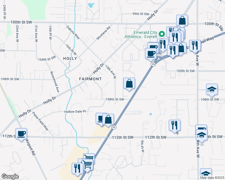 map of restaurants, bars, coffee shops, grocery stores, and more near 10626 13th Ave W in Everett