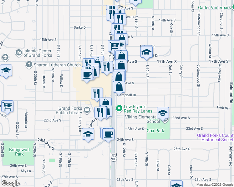 map of restaurants, bars, coffee shops, grocery stores, and more near in Grand Forks