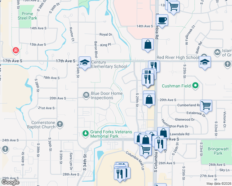 map of restaurants, bars, coffee shops, grocery stores, and more near 3329-3375 Primrose Court in Grand Forks