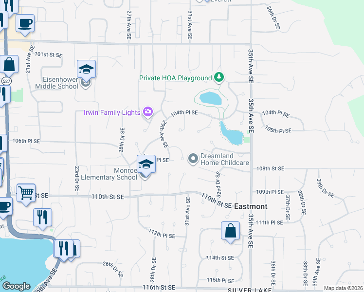 map of restaurants, bars, coffee shops, grocery stores, and more near 2911 107th Street Southeast in Everett