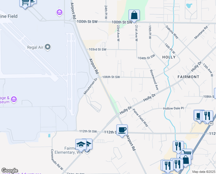 map of restaurants, bars, coffee shops, grocery stores, and more near 10705 Airport Road in Everett