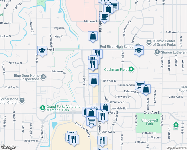 map of restaurants, bars, coffee shops, grocery stores, and more near 2867 19th Avenue South in Grand Forks
