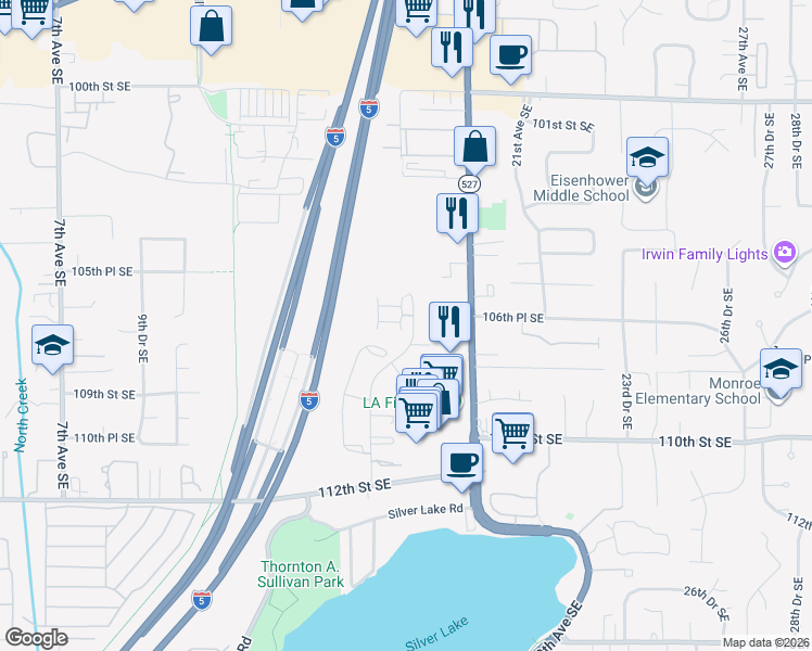 map of restaurants, bars, coffee shops, grocery stores, and more near 10621 15th Drive Southeast in Everett