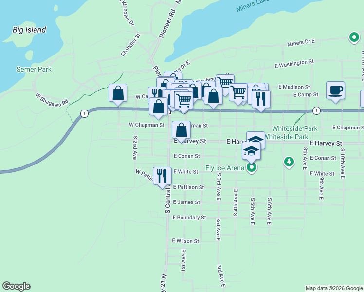 map of restaurants, bars, coffee shops, grocery stores, and more near 38 East Harvey Street in Ely