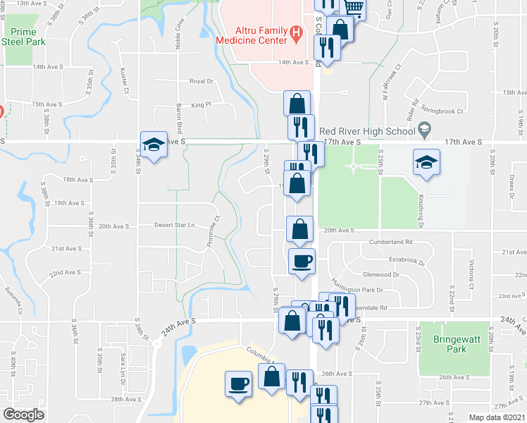 map of restaurants, bars, coffee shops, grocery stores, and more near 1943 Prairie Rose Court in Grand Forks
