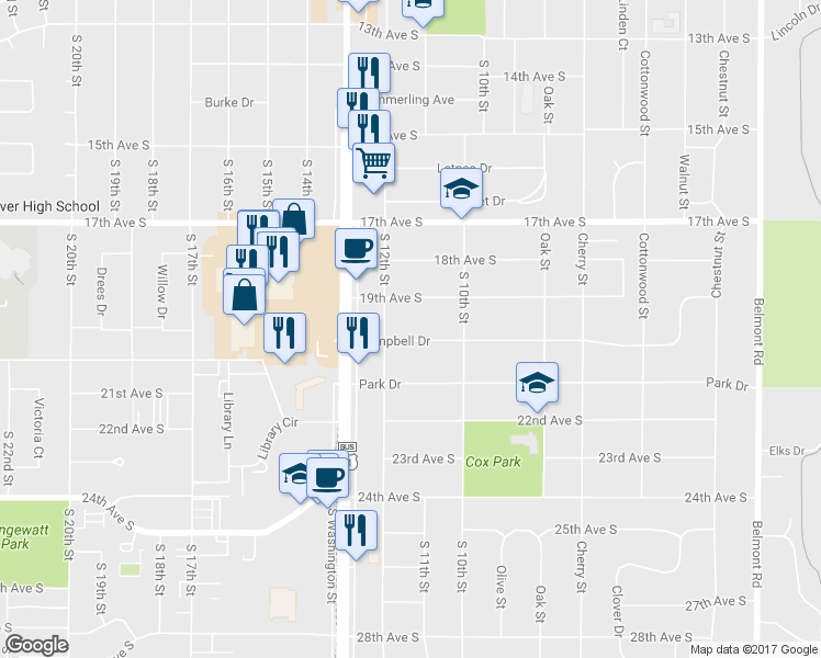 map of restaurants, bars, coffee shops, grocery stores, and more near 1106 Campbell Drive in Grand Forks