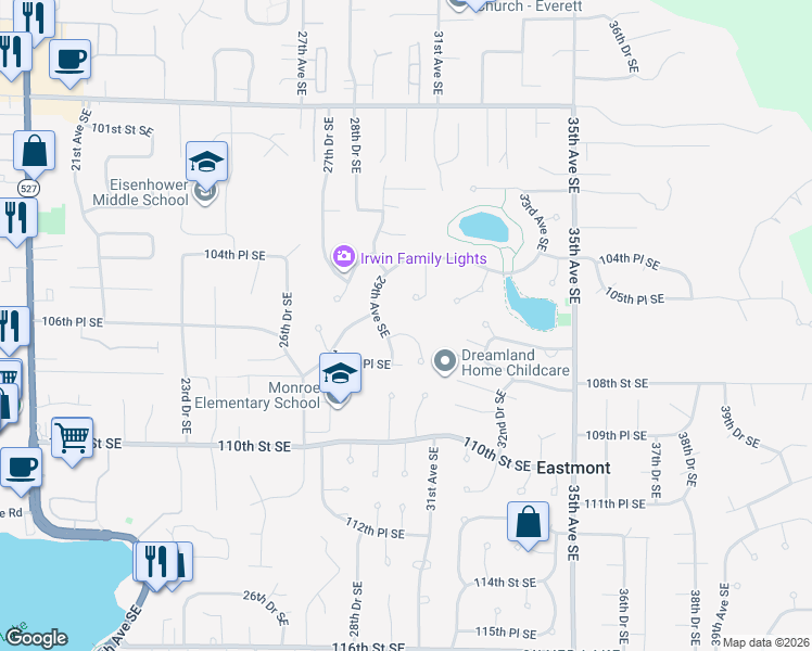 map of restaurants, bars, coffee shops, grocery stores, and more near 2911 107th Street Southeast in Everett