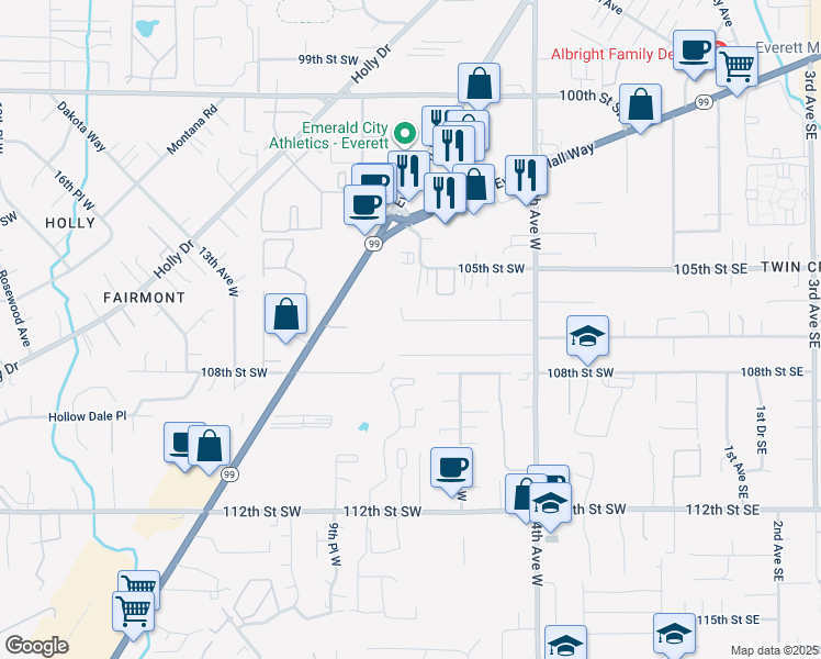 map of restaurants, bars, coffee shops, grocery stores, and more near 724 106th Place Southwest in Everett