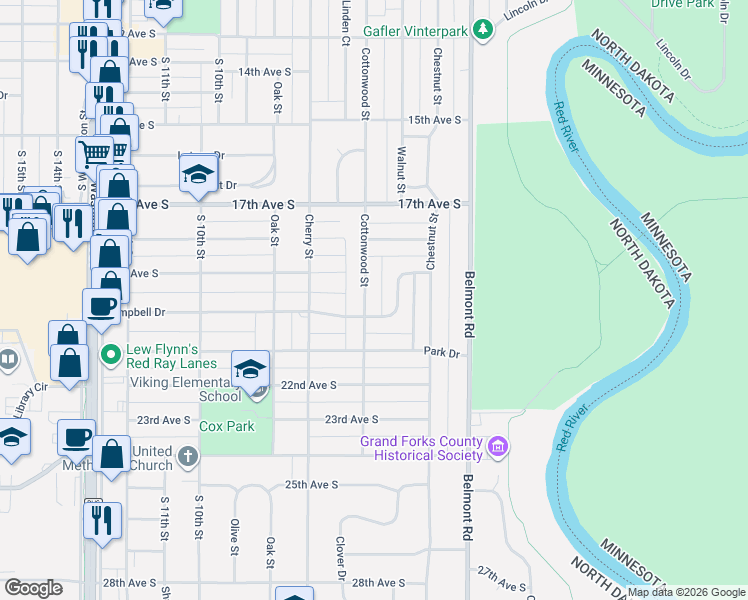 map of restaurants, bars, coffee shops, grocery stores, and more near 1920 Cottonwood St in Grand Forks