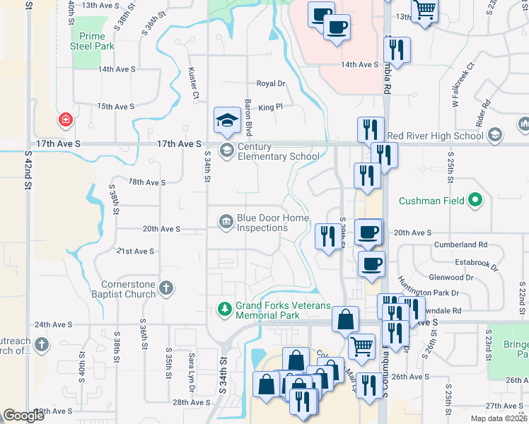 map of restaurants, bars, coffee shops, grocery stores, and more near 3166 Desert Star Lane in Grand Forks