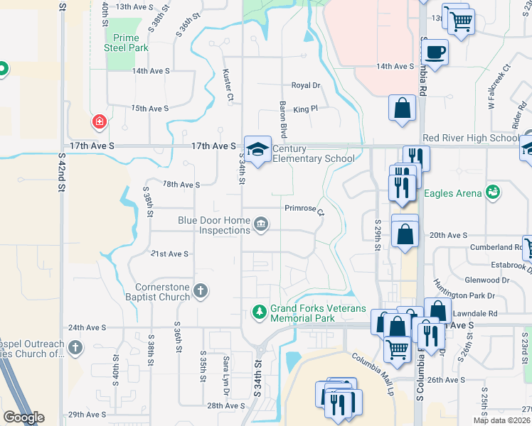 map of restaurants, bars, coffee shops, grocery stores, and more near 3298 Desert Star Lane in Grand Forks