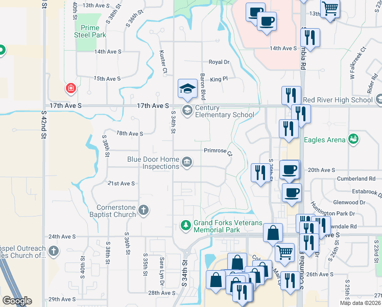 map of restaurants, bars, coffee shops, grocery stores, and more near 3298 Desert Star Lane in Grand Forks