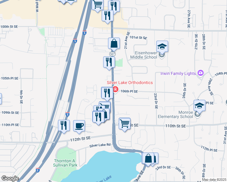 map of restaurants, bars, coffee shops, grocery stores, and more near 1406 106th Place Southeast in Everett