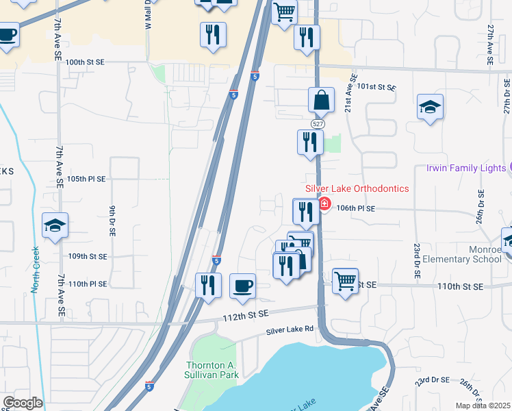 map of restaurants, bars, coffee shops, grocery stores, and more near 10502 14th Drive Southeast in Everett