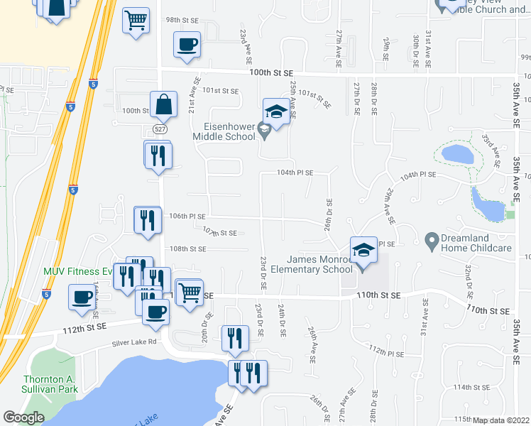 map of restaurants, bars, coffee shops, grocery stores, and more near 2325 106th Place Southeast in Everett
