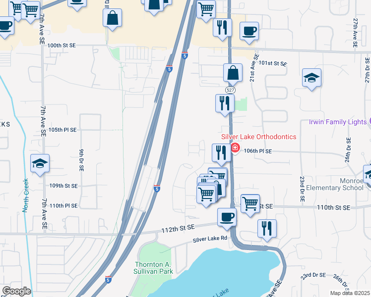 map of restaurants, bars, coffee shops, grocery stores, and more near 10526 14th Drive Southeast in Everett