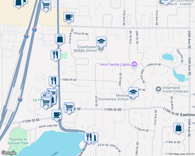 map of restaurants, bars, coffee shops, grocery stores, and more near 2324 106th Place Southeast in Everett