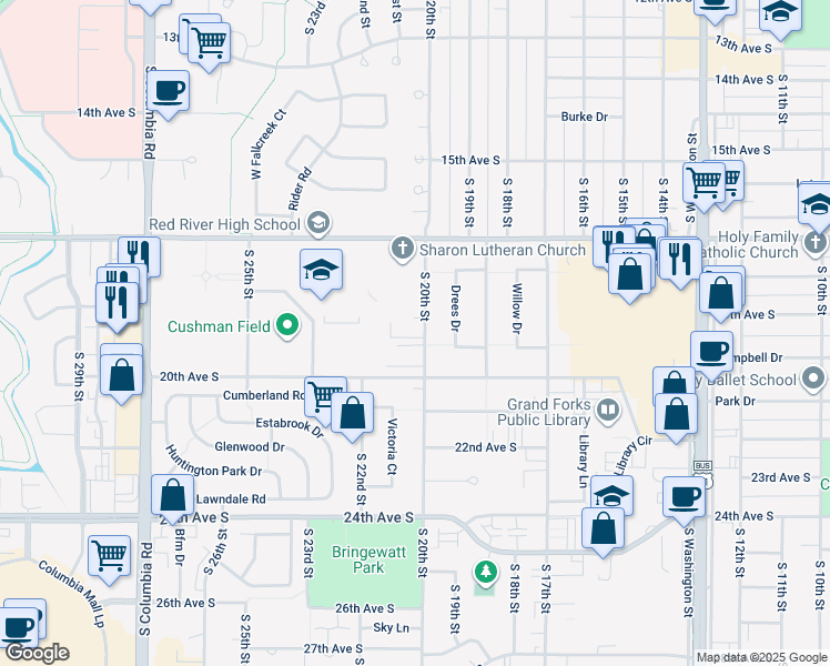 map of restaurants, bars, coffee shops, grocery stores, and more near 1914 South 20th Street in Grand Forks