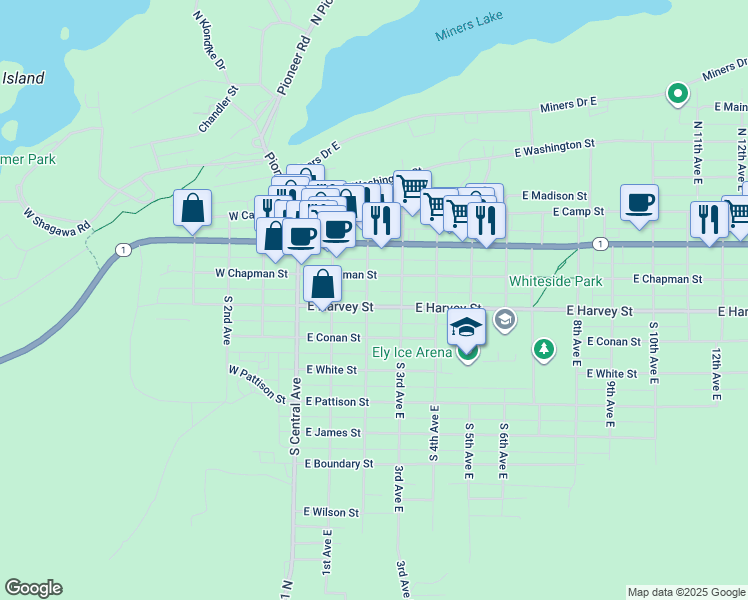 map of restaurants, bars, coffee shops, grocery stores, and more near 224 East Harvey Street in Ely