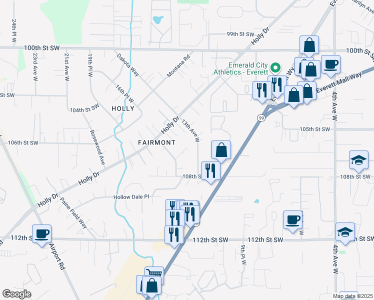 map of restaurants, bars, coffee shops, grocery stores, and more near 10626 13th Avenue West in Everett