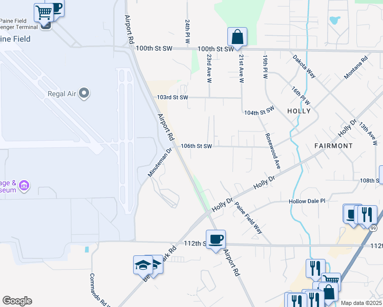 map of restaurants, bars, coffee shops, grocery stores, and more near 10705 Airport Road in Everett