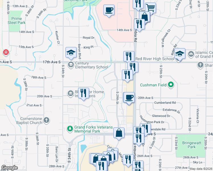 map of restaurants, bars, coffee shops, grocery stores, and more near Fitness Trail in Grand Forks