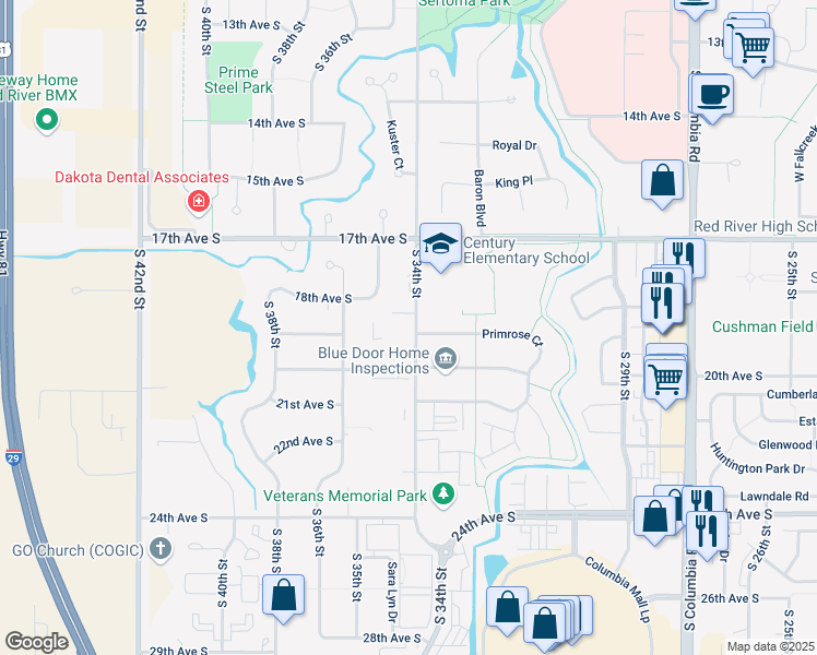 map of restaurants, bars, coffee shops, grocery stores, and more near 1850 South 34th Street in Grand Forks
