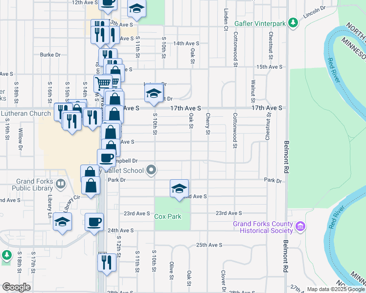 map of restaurants, bars, coffee shops, grocery stores, and more near 810 Campbell Drive in Grand Forks