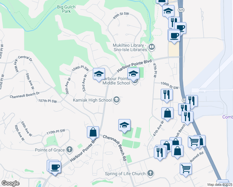 map of restaurants, bars, coffee shops, grocery stores, and more near 10801 Harbour Pointe Boulevard in Mukilteo
