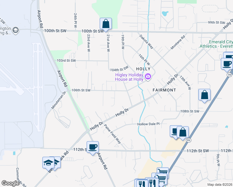 map of restaurants, bars, coffee shops, grocery stores, and more near 10701 20th Place West in Everett